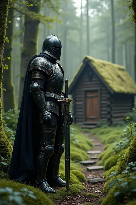  A 2-meter gentleman wearing black armor with gold and silver details , next to a black European longsword .
 They knock on the door of a cabin in the middle of the forest that is camouflaged with the moss on the ground.