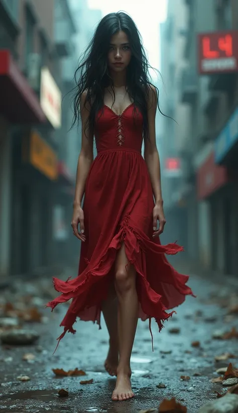 A Beautiful Little And Dirty Very Realistic And With Black Hair And With Big And Blue Eyes And Crying Very Realistic And Wearing A Very Realistic Dirty And Ripped Red Dress And Walking Barefoot In A Beautiful Very Realistic City 