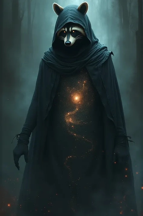 A dark hooded figure, with a porcelain raccoon mask and a nebula body.