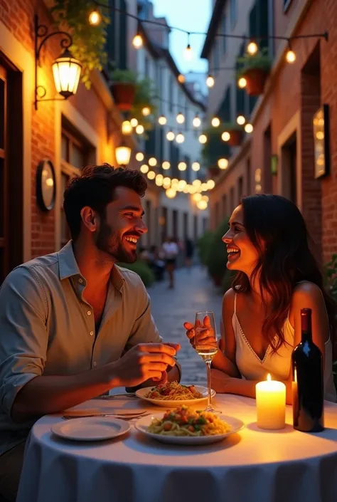 Together on a date laughing, Small italian restaurant next to the short alley