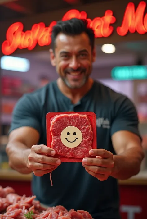 Salman Khan showing a meat packet with happy face, on meat packet in center logo of Shaffaf Meat. Salman Khan is in meat shop and in background wall written Shaffaf Meat 