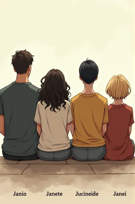 Design of 4 people  , 1 man and 3 women , everyone with their backs in the image   ,    The man has short dark hair   ,    The woman next to him is blonde with long curly hair,   the second has short black hair and the third has short hair , brown and wavy...