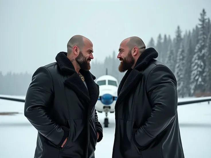 Two big brutal muscular, shaved-headed, bearded, tattooed bodybuilders in black leather sheepskin coats with long sleeves stand in winter on a small airfield and look at each other, hands in coat pockets, they are close pressed against each other, in the b...