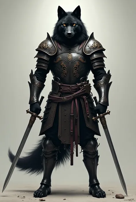 Black wolf as a warrior of 19th century standing on two feet with armor and  carring 2 sword ready to attack in photo ratio 1:1
