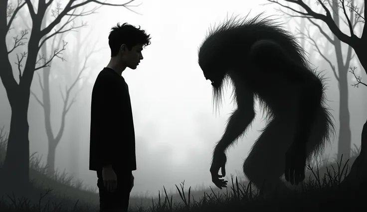 A black silhouette of a teenager named Adrián, 20, is found facing a black silhouette of a tall, hunched creature., covered with dark and rough skin .