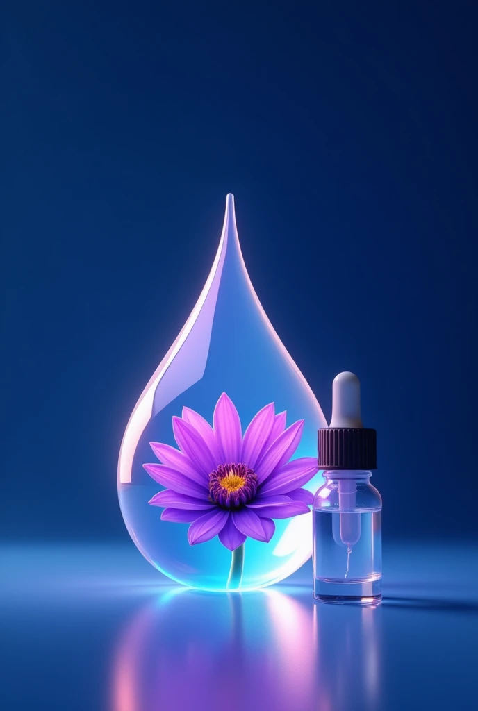 A futuristic, glowing low-polygonal water drop containing a purple flower inside, with the flowers sleek, geometric petals shimmering with neon highlights. The water drop is luminous and semi-transparent, positioned next to a modern, minimalistic dropper b...