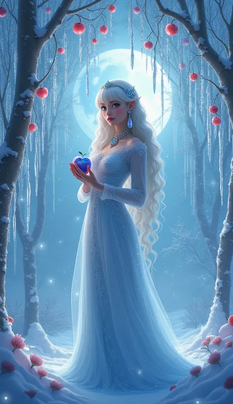  Ice crystal garden ,  Under the icy crystal willow , Beautiful princess,  Curly long hair with white bangs , Crystal pattern on the forehead , blue eyes , Head decorations,  Ice crystal earrings , colored necklace , large breasts ,  in the winter garden n...