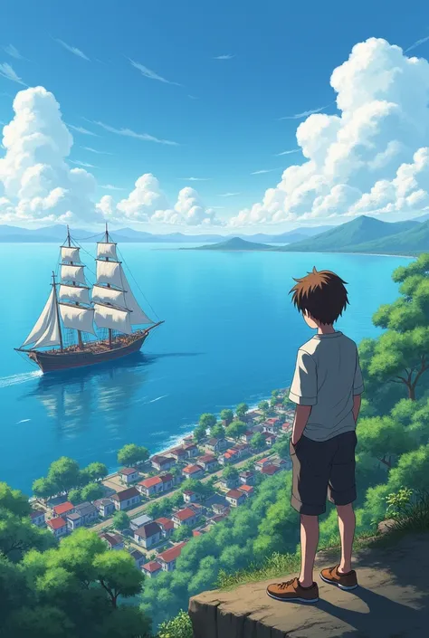 Boy on the edge of a hill ,  looking at a skyline of a Japanese city ,  with his hands in his pockets and brown hair , In front of him Japanese-style houses with a large sea and in that sea an alien ship with a very different model from the traditional one