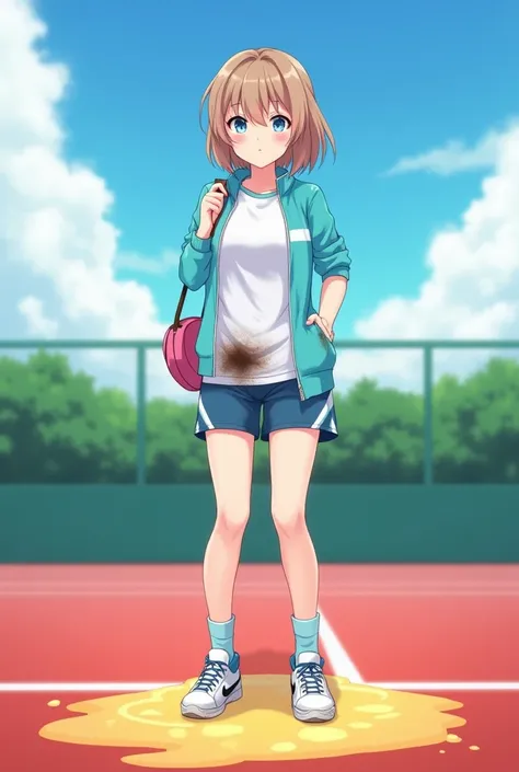 Anime athletic girl, embaressed blushing, view from the front, holding her right hand in her crotch, clouds, wearing white and light blue tennis outfit, pees herself, blue shorts with big dark wet spot around her crotch, Turquoise jacket, very light brown ...