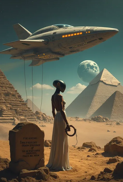 A realistic alien spaceship landed on earth near the Egyptian pyramids with a beautiful alien wearing helmet standing in front of a grave, a text is written on the stone, the human’s planet. featuring a clear view of Earth. The spaceship is filled with adv...