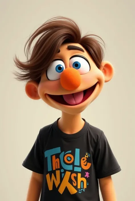 A male Muppet  ,oval face shape,  hair brown to nose  ,  big light blue eyes ,  black t-shirt with print, wide grin. light skin, Vertex right , waving ,  hairs cover one eye. 