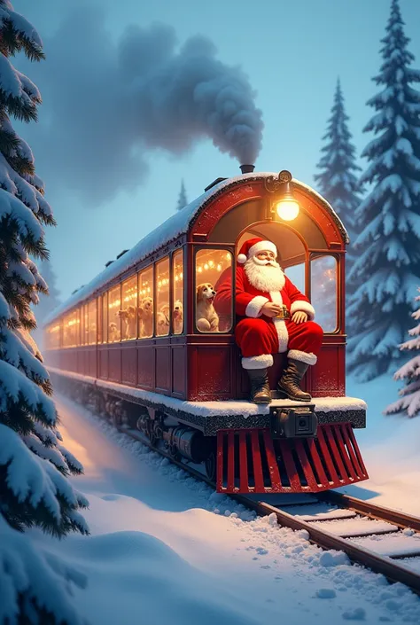  Train for Santa Claus , with glass roof ,  on snowy tracks and dogs inside