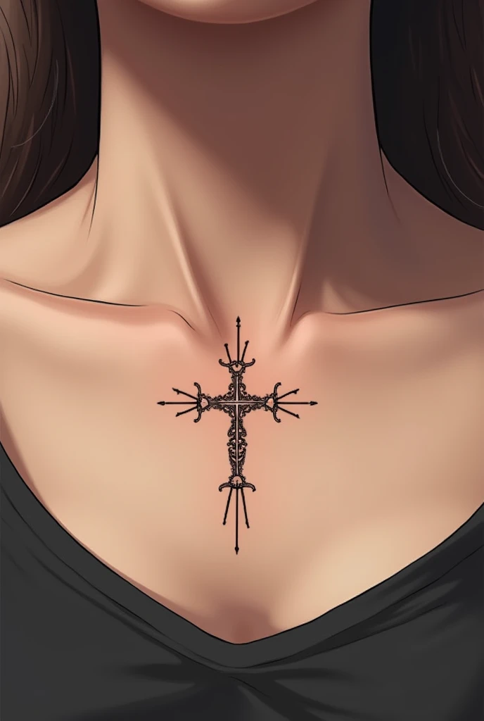  A tattoo below the left collarbone above the chest, I want a minimalist design of three small crosses . The central cross should be slightly larger ,  representing Jesus ,  while the two smaller side ones 