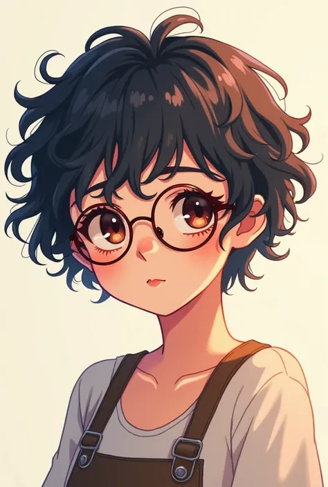 One with short curly hair wearing glasses and anime looks 