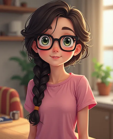   ,  fair skin , smile,  light green gray eyes , With black square glasses ,  long dark brown hair with curly nagô braid, short sleeve pink blouse ,  wearing blue jeans box ,  wearing red all-star sneakers ,  in a fun environment 