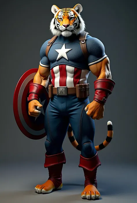 " A highly detailed 3D rendering of an adult, muscular anthropomorphic tiger using a Captain America cosplay.  The tiger stands tall and proud ,  showing his physical musculature under the iconic costume of Captain America ,  complete with a starry chest a...