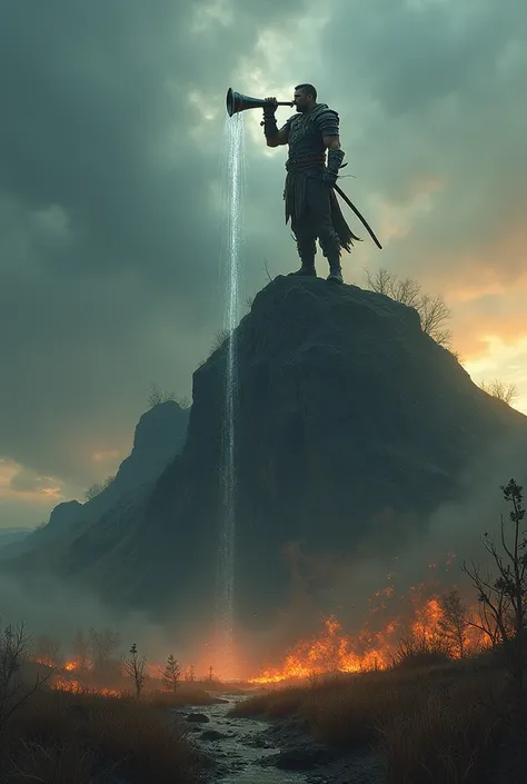 A Field  with grass burning below a mountain.  a man standing on top of the mountain and he is holding and blowing a trumpet and water is coming out of the mouth of the trumpet.he dress like a warrior with a sword on his waist. 