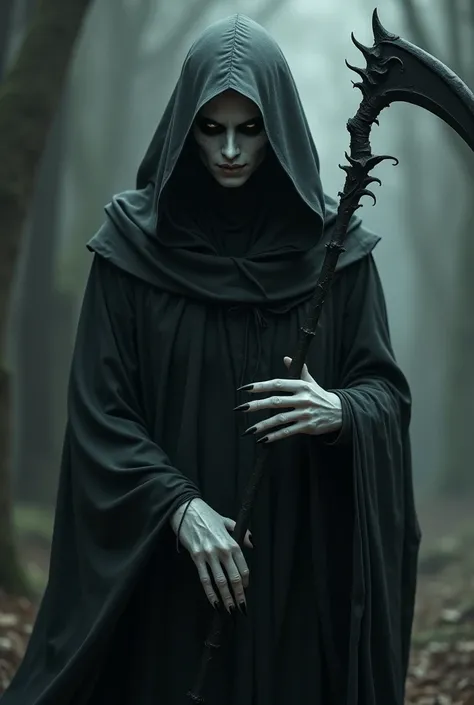 Cloaked figure, pitch black eyes, and a wide smile. hood over head covering forehead and creating a shadow over face. White ghostly skin. Four arms with sagging cloak sleeves. Holding a smoking black scythe. Long pointed nails on all hands. tall male. Warl...