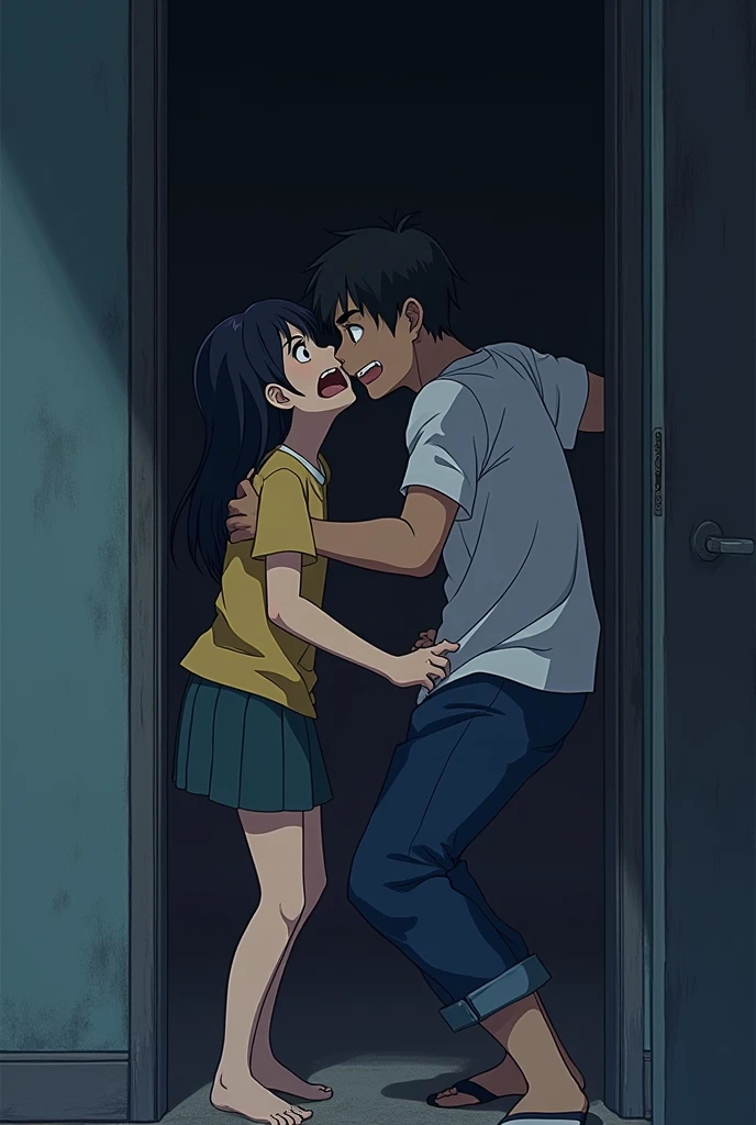 Stuck in closet whit her bully he tries to get close to her and kiss her in a hot kiss but she try to break away from him and he dont let her go 
 Anime