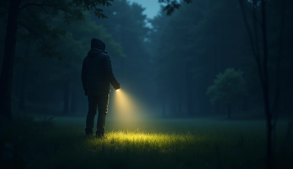 A let flashlight off on a lawn in the woods in the blurry night. 