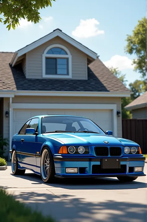 Créer une image dune e36 316i compact bleu de 1999 pose au sol devant une maison avec un garage 