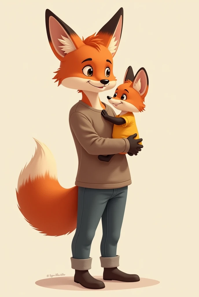 plain background, small human  , 5, holding baby, red fox ears and tail, male, baby has fennec fox ears