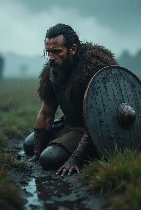 a defeated Viking warrior, kneeling in a rain-soaked field, broken shield at his side, tears streaming down his face, cloudy sky, dramatic lighting