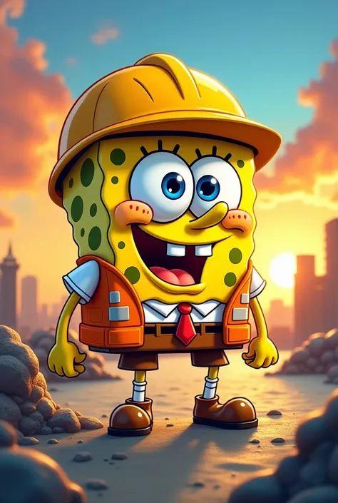 " Create an image of SpongeBob in the classic cartoon style : He has a yellow body ,  big, expressive eyes and an exaggerated smile .  He is coming to work at dawn ,  with orange and blue skies and the rising sun in the background .  SpongeBob wears a yell...