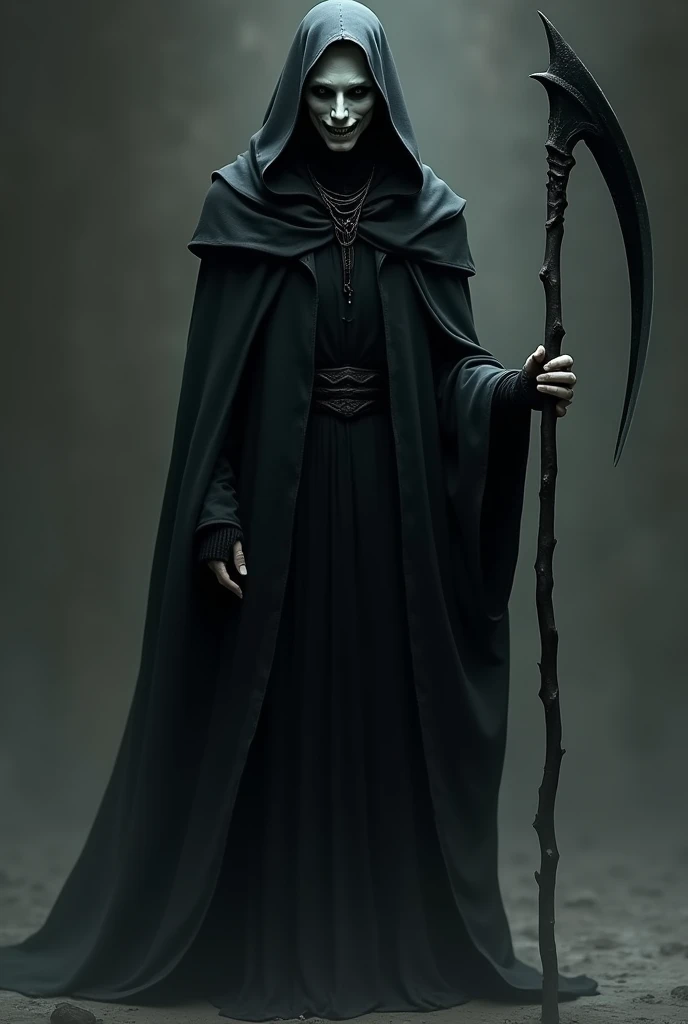 Cloaked figure, pitch black eyes, and a wide smile with vampire teeth. hood over head covering forehead and creating a shadow over face. White ghostly skin. Four arms with sagging cloak sleeves. Holding a smoking black scythe. Long pointed nails on all han...