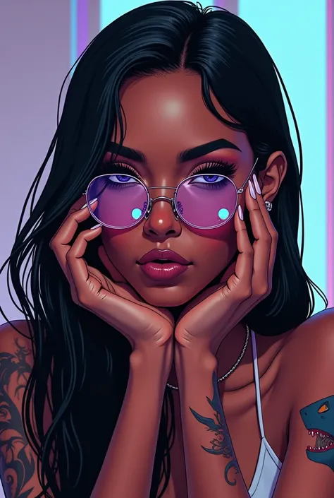 Draw in anime style A cute black woman with a serious face with long straight hair, highlighted purple eyes , thin and round glasses, And shark tattoo on the arm , minimalist cyberpunk style , Simple cybernetics on the eyes , Aesthetic profile icon-like im...