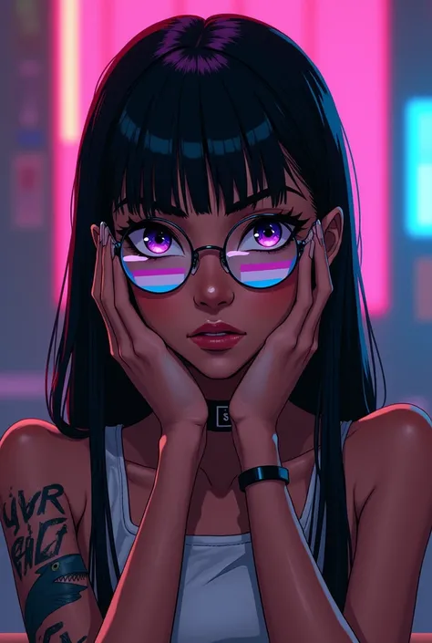 Draw in anime style A cute black woman with a serious face with long straight hair, highlighted purple eyes , thin and round glasses, And shark tattoo on the arm , minimalist cyberpunk style , Simple cybernetics on the eyes , Aesthetic profile icon-like im...