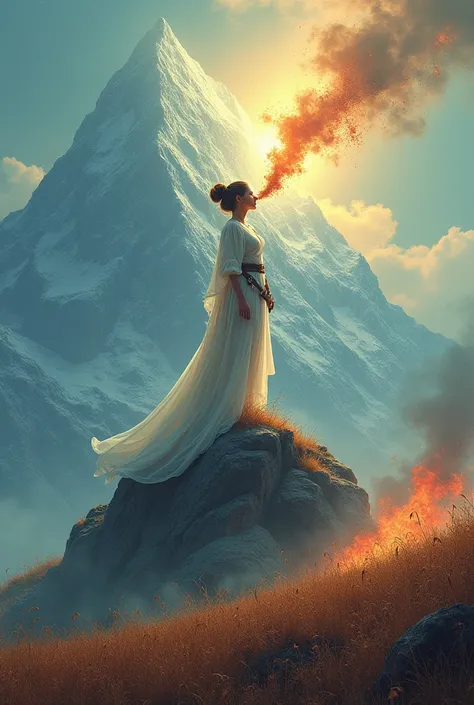 A Field  with grass burning below a mountain With a bright Skin.  a woman standing on top of the mountain and she is holding and blowing a trumpet and water is coming out of the mouth of the trumpet. with a sword on her waist. 