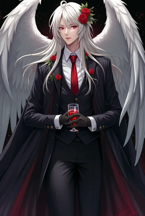 1boy, solo, white wings, red eyes, fingerless gloves, white shirt, black tailcoat, red tie, black pants, long black cloak, white hair, hair roses, smiling, in hands glass with blood