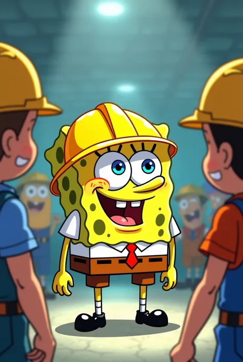  Scene 4 - SpongeBob making a joke for co-workers:
" Create an image of SpongeBob in the classic cartoon style :  Hes making a joke for other workers , with a mischievous and exaggerated expression .  SpongeBob wears a yellow safety helmet and an orange re...