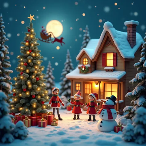 Create a feative 3D Christmas  scene featuring  a beautifully decorated Christmas  tree with twinkling lights and gifts underneath.ln the background, theres a cozy house covered in snow with bright lights, and Santa Claus riding his sleigh with rendeer in ...