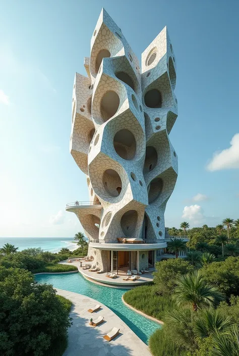 Make a viewpoint refuge in the wetlands of Costa Azul beach, 10-story with prisms and abstract inspired by seashells