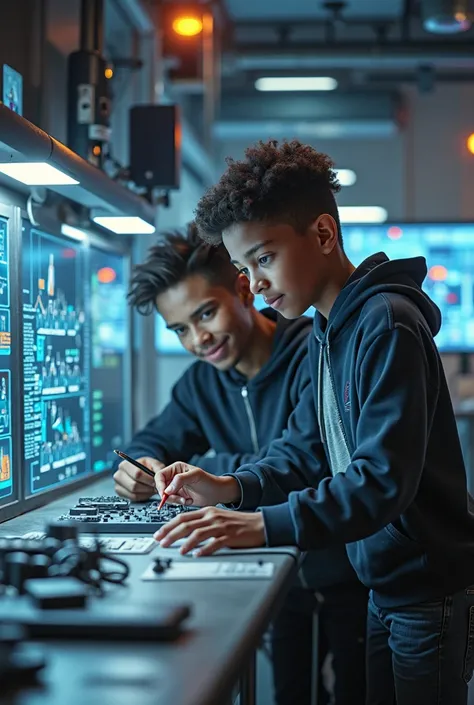 make a picture of a young black boy helping elon musk and make it landscape