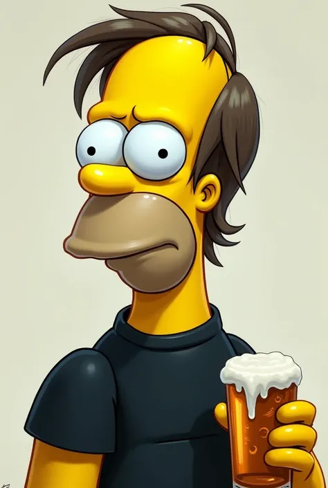  male Simpson, Hair with strands ,  hair covers one eye, Chin length hair,   light blue eyes , black T-shirt, beer in the hand .Simpson.Vertex right , 