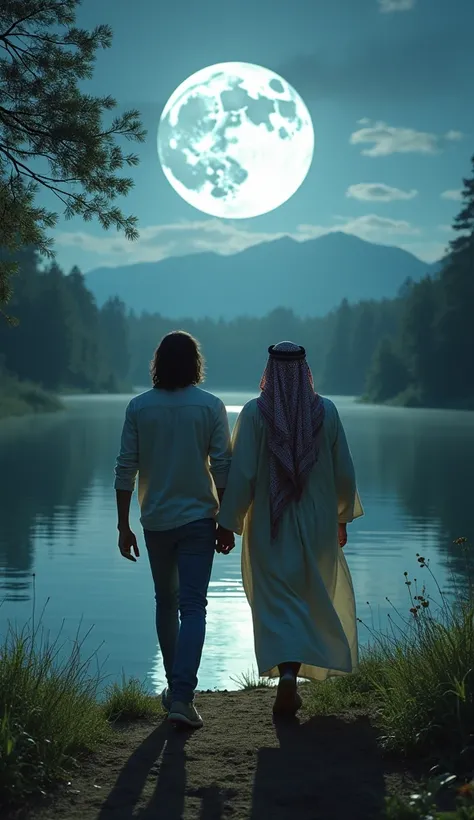 a man with jeans, blouse with headdress, walking next to Jesus Christ in a lake and a forest, full moon in the background