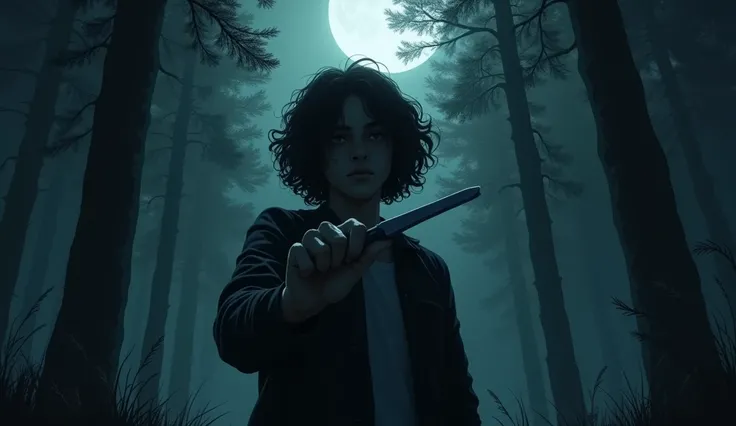 A razor in the hand of a teenager with wavy hair at night in the woods.  