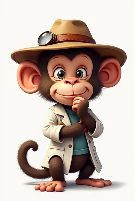 Cartoon monkey logo with leather hat and scientists outfit,pose Le Penseur,background branco fosco