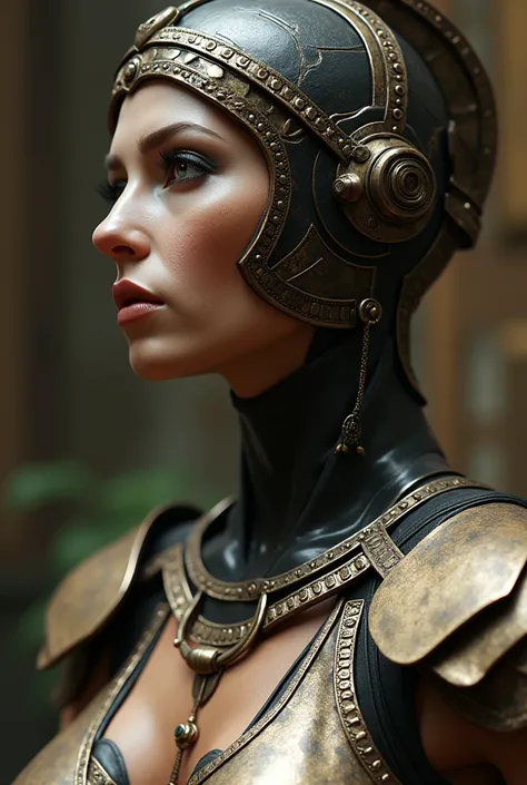 Roman goddess, warmonger, malevolent countenance, head to breast, legionnaire cybernetics. High Resolution, Masterpiece, Award Winning, Best Quality, High Details, High Quality, UHD, Optical Illusion, Impressionism, Art Deco, Cinematic, Cinematography, Fut...