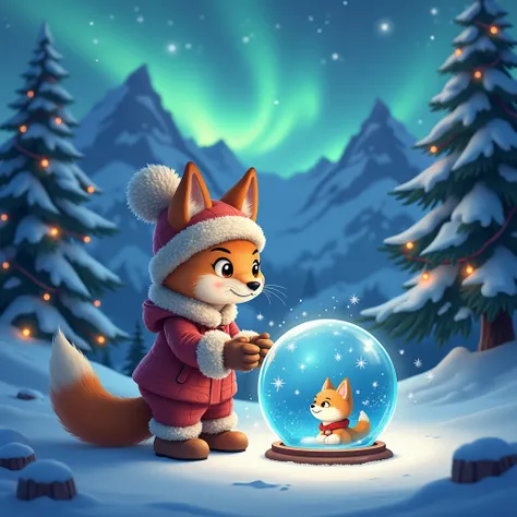  Crystal Ball Close-up of a Cat Visible Snow Northern Lights and Snowy Mountains, Reindeer Christmas Trees , New Year&#39;s garlands,  Very Beautiful The Dingo Looks in Her Hands and Looking into the Crystal Ball ,  A Dingo in a hat with a bubon and Warm F...