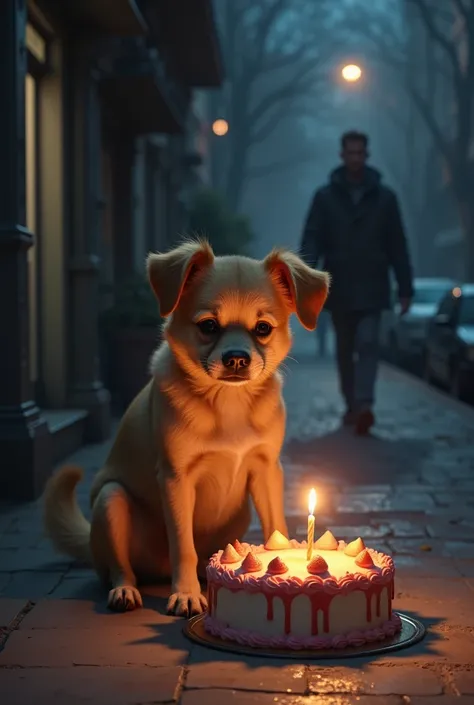  create a realistic image of a sad ,  malnourished and cute dog celebrating his birthday with his cake , Hes on a sidewalk at night ,  his cake has a candle and hes getting closer to eat, A man is coming behind him 