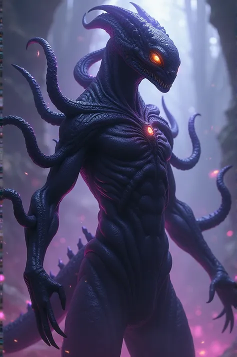 A reptilian humanoid alien ,big, with tentacles on its arms ,amber eyes and black skin with violet reflection and attractive anime style