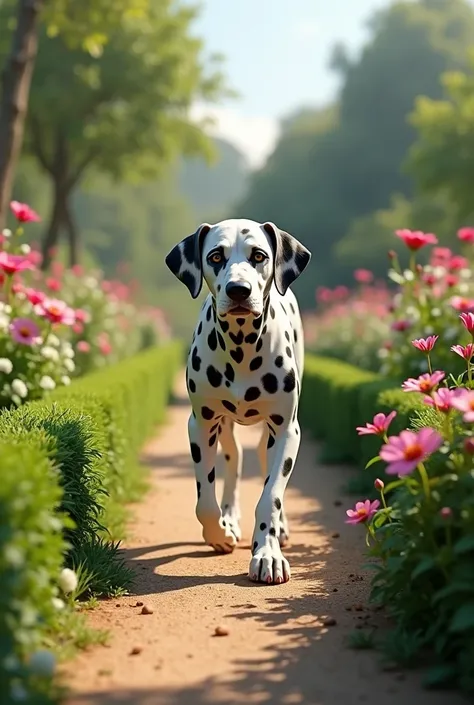 Create a realistic Dalmatian dog in a garden