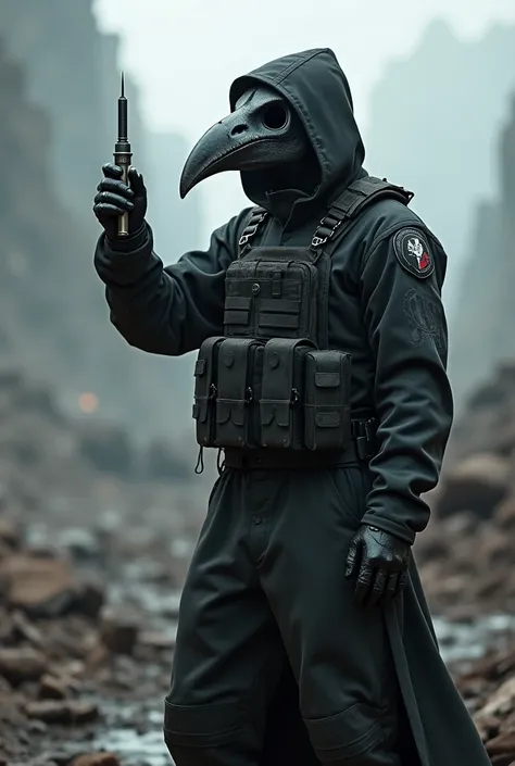 Plague doctor with bird skull mask in black camouflage combat fatigues and tactical vest in a war zone holding up a injection looking at it.