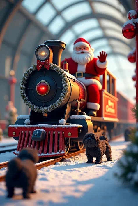  Train for Santa Claus , With message  "Merry Christmas",  glass roof and black shitzu dogs with white fur on their bellies