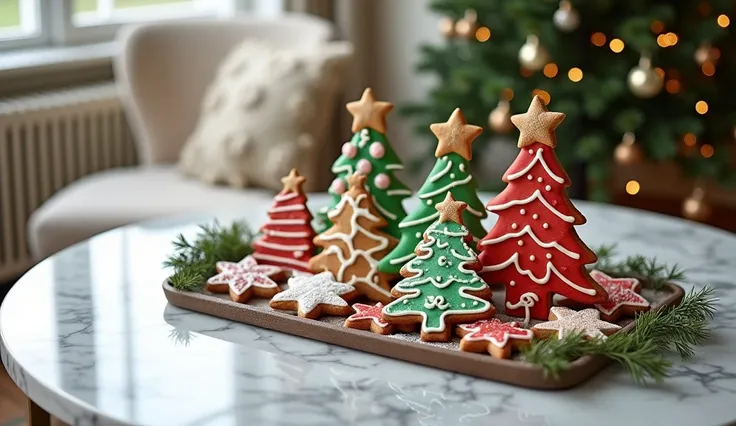 A tray with gingerbread cookies in the shape of a Christmas tree decorated on a marble table