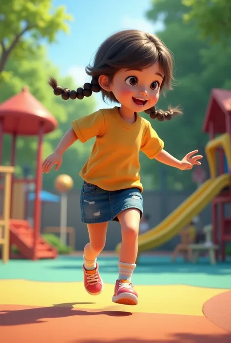 Plays on the playground,  Realistic style, short denim skirt ,socks,two braids